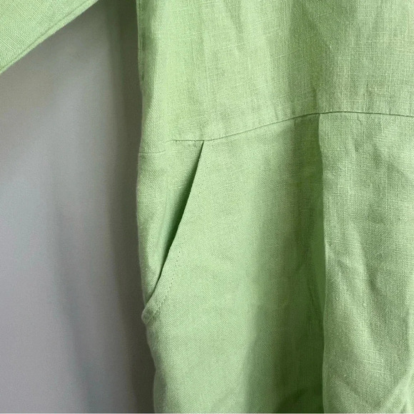Flax 100% Linen Dress Small Green Button Down Pockets Long Sleeve Tunic Pleated - Picture 10 of 13
